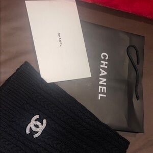 CHANEL Black Knit Scarf with White Logo